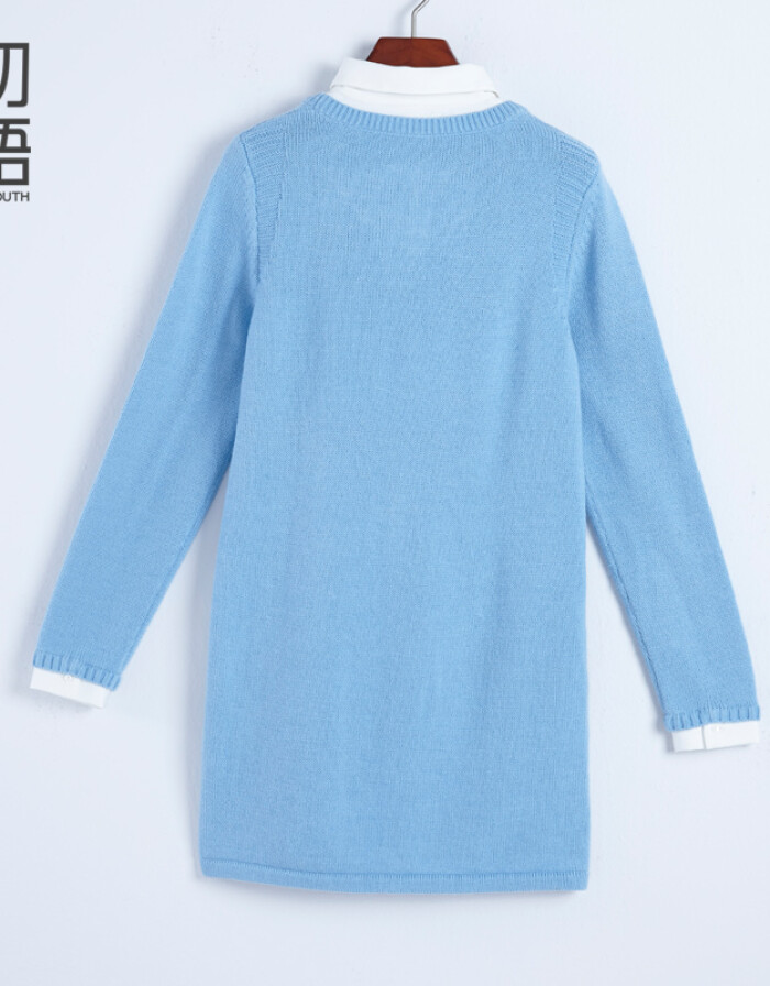 初语2016春装新款女装 毛织假两件长袖连衣裙文艺POLO领中裙女8542413027 浅蓝 L