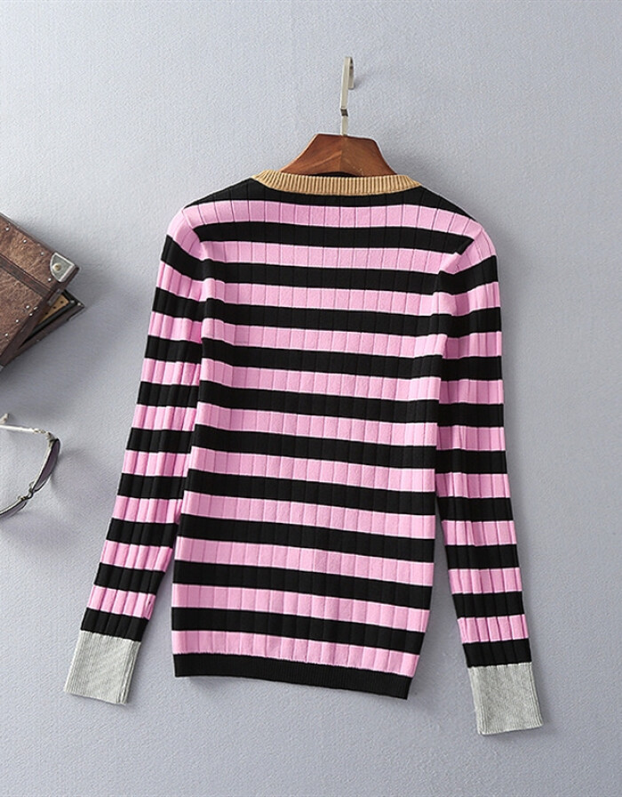 lanyudieyi*2016欧洲站早秋新款粉色条纹羊毛毛织猫米字母绣花长袖毛衣 粉色 L