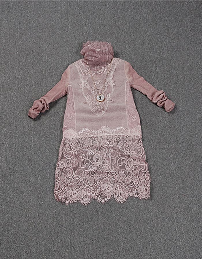 新年装 欧洲站 2015 春季新款 女装 熏染蕾丝拼接毛织高领蕾丝衫女潮 连衣裙 浅灰色 均码