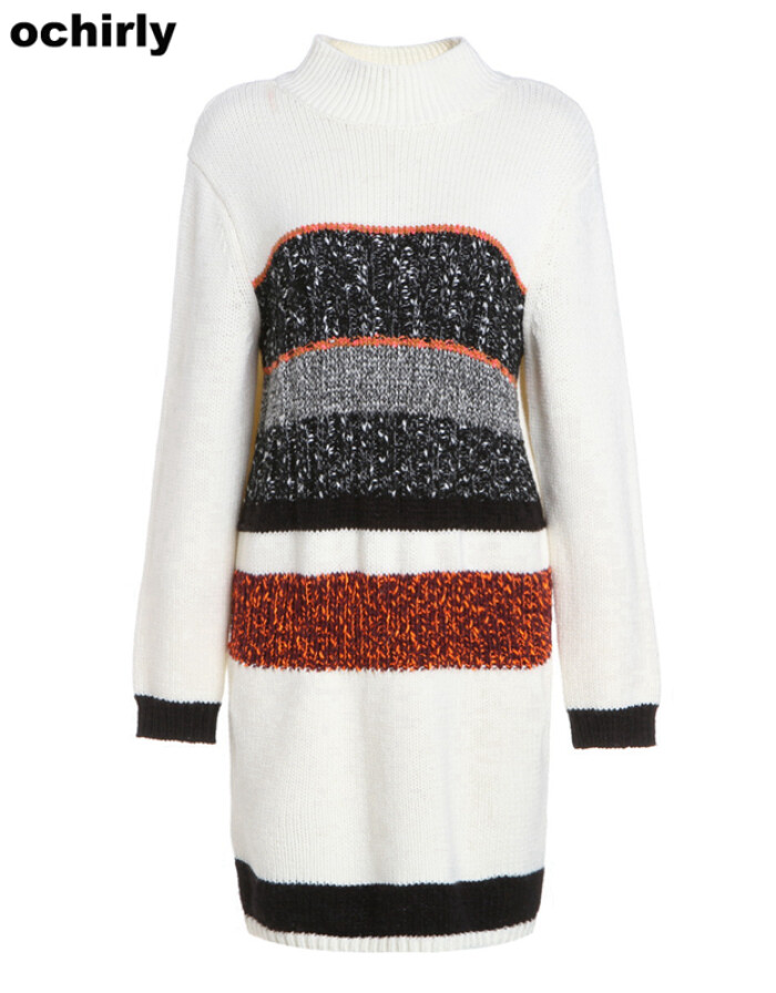 欧时力新女装 摩登高领撞色条纹宽松毛织连衣裙，展现优雅休闲风
