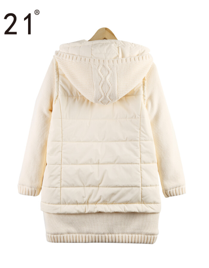 以纯线上品牌a21 2016年秋冬新款女装休闲中长款毛织拼接棉衣外套女4642119005 白卡其 M