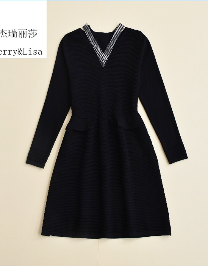 杰瑞丽莎欧美2016秋冬女装V领钉珠修身毛织连衣裙 灰色 S